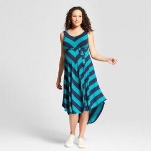 XL Isabel Maternity striped navy & green midi dress, high waisted tie belt